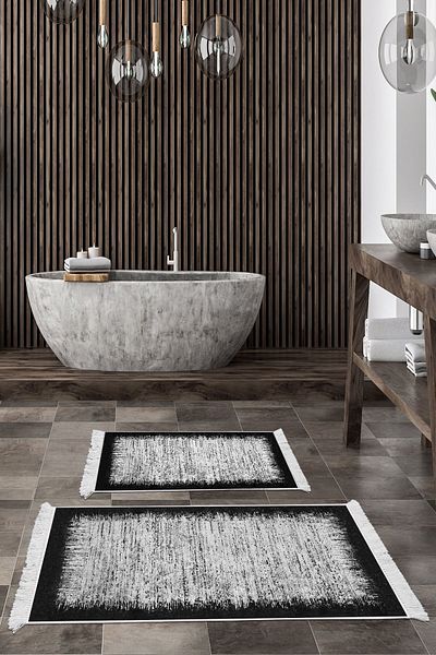Dekoreko Digital 2-Piece Bath Mat Set Star Leather Non-Slip Base Fringed Modern Evelina Black