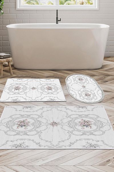 Dekoreko Digital 3-Piece Bathroom Mat Set Star Cotton Non-Slip Base Mixed Oval Modern Anabelle Gray