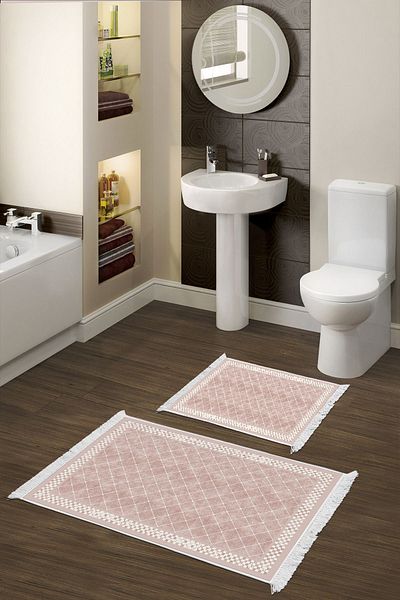 Dekoreko Digital 2-Piece Bath Mat Set Trend Felt Non-Slip Base Fringed Modern Krystalyn Powder