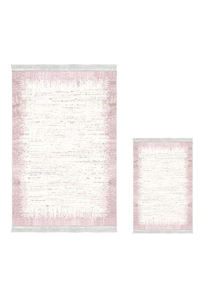 Dekoreko Digital 2-Piece Bath Mat Set Trend Felt Non-Slip Base Fringed Modern Evelina Powder