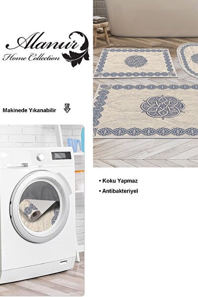 Dekoreko Dijital 3 Lü Banyo Paspas Takımı Trend Keçe Kaymaz Taban Karışık Oval Modern Gilda Mavi