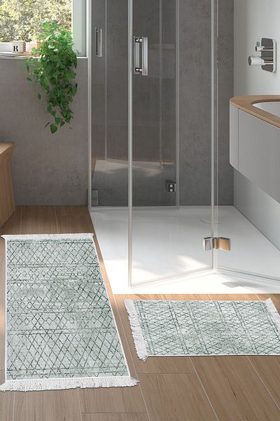 Dekoreko Digital 2-Piece Bath Mat Set Trend Felt Non-Slip Base Fringed Scandinavian Nydia Green