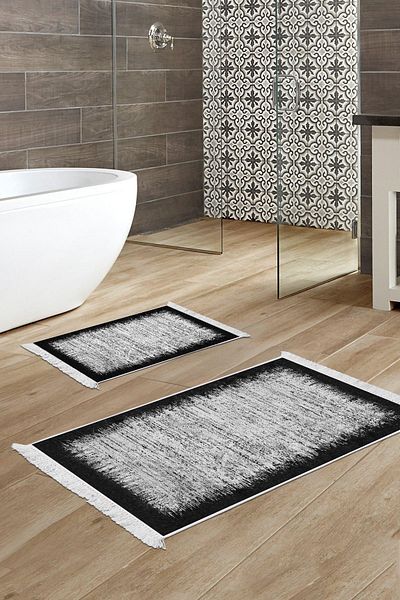 Dekoreko Digital 2-Piece Bath Mat Set Star Cotton Non-Slip Base Fringed Modern Evelina Black