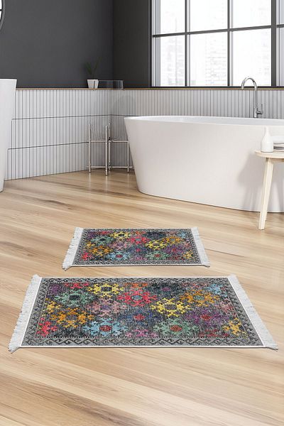 Dekoreko Digital 2-Piece Bath Mat Set Trend Felt Non-Slip Base Fringed Scandinavian Leesa Colorful