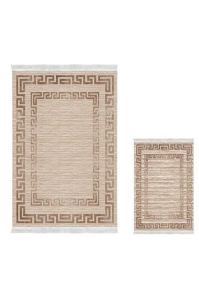 Dekoreko Digital 2-Piece Bath Mat Set Star Cotton Non-Slip Base Fringed Modern Dorothea Beige