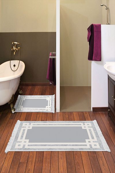 Dekoreko Digital 2-Piece Bath Mat Set Trend Felt Non-Slip Base Fringed Modern Landon Gray