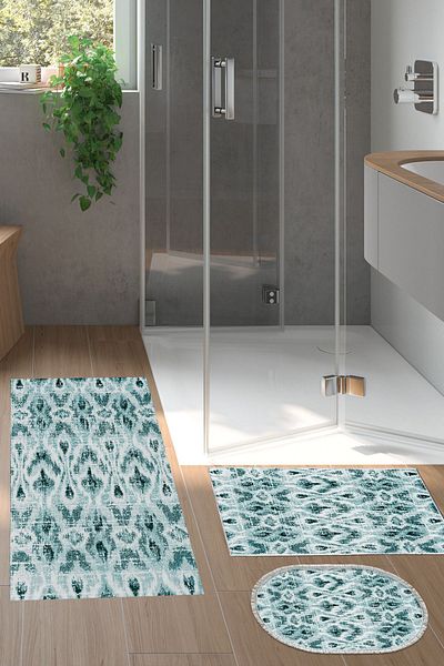 Dekoreko Digital 3-Piece Bathroom Set Trend Felt Non-Slip Base Mixed Oval Scandinavian Annika Turquoise