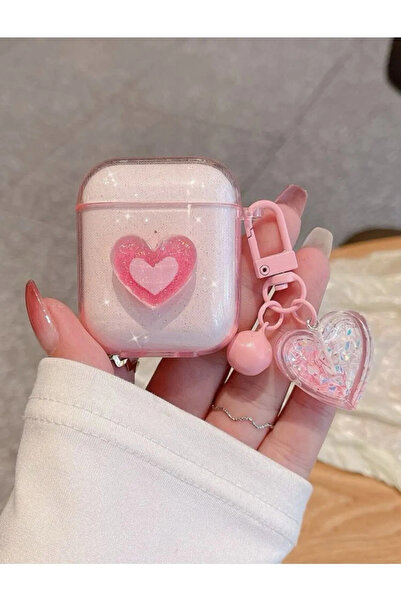 KVK PRİVACY Airpods 1. Ve 2. Nesil Uyumlu 3d Simli Pembe Kalp Kopçalı Kulaklı...