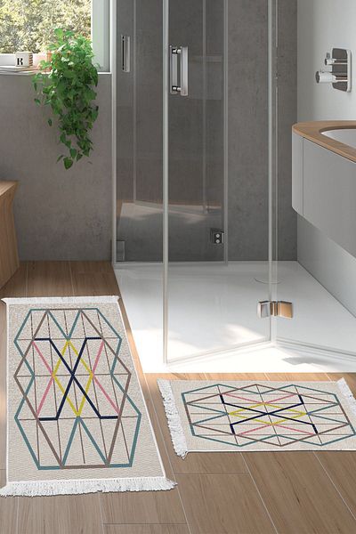 Dekoreko Digital 2-Piece Bath Mat Set Trend Felt Non-Slip Base Fringed Modern Men's Colorful