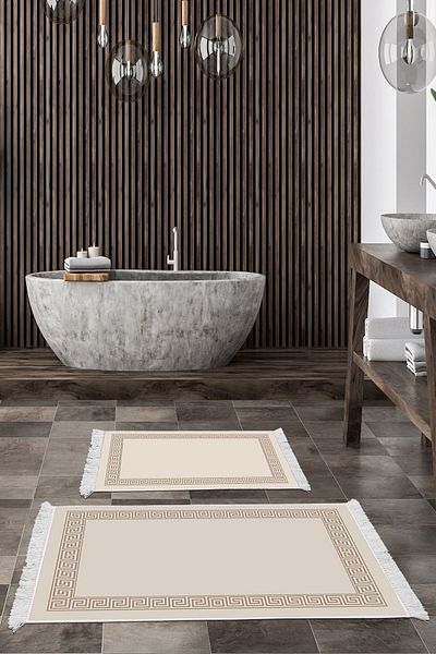 Dekoreko Digital 2-Piece Bath Mat Set Trend Felt Non-Slip Base Fringed Modern Dinah Cream