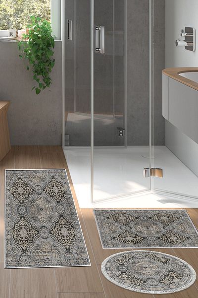 Dekoreko Digital 3-Piece Bath Mat Set Trend Felt Non-Slip Base Mixed Round Modern Osana Beige