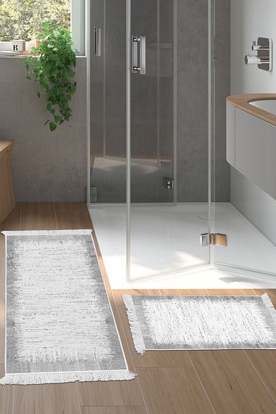 Dekoreko Digital 2-Piece Bath Mat Set Star Cotton Non-Slip Base Fringed Modern Evelina Gray