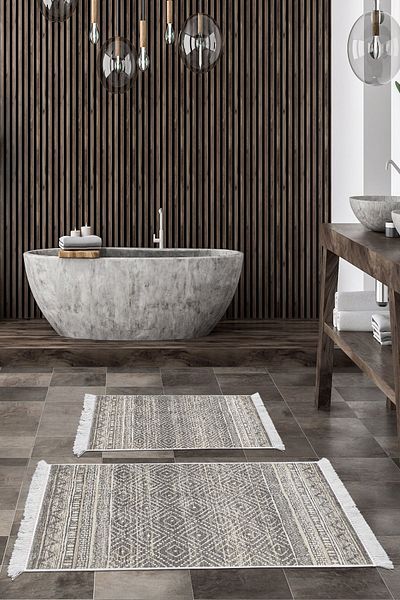 Dekoreko Digital 2-Piece Bath Mat Set Trend Felt Non-Slip Base Fringed Scandinavian Liz Gray