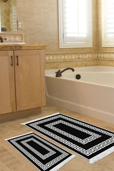 Dekoreko Digital 2-Piece Bath Mat Set Trend Felt Non-Slip Base Fringed Modern Starr Black