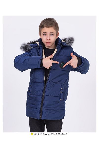 WST SPORT WEAR Boy's Puffer Jacket - Fur Collar, Hoodie and Pocket