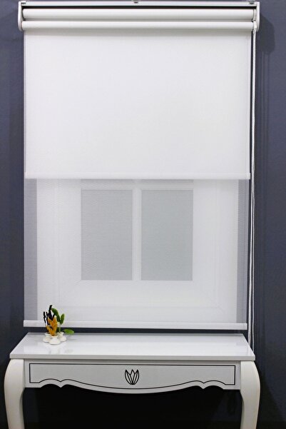 AlpiNaz Stor Perde Çift Mekanizmalı Çizgili Tül & Mat Beyaz Stor Perde % 80 I...