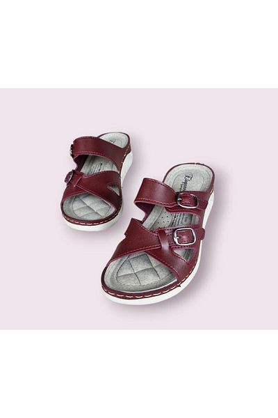 ŞAHGÜL Elegance Claret Red Women's Slippers - Orthopedic Sole and Stitching Detail