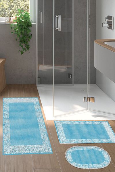 Dekoreko Ψηφιακό σετ 3 χαλάκια μπάνιου Star Cotton Αντιολισθητική Βάση Μικτή Οβάλ Μοντέρνα Sequoia Blue