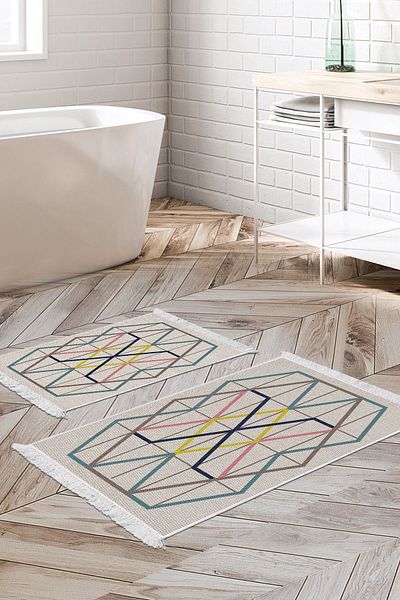 Dekoreko Digital 2-Piece Bath Mat Set Star Leather Non-Slip Base Fringed Modern Men's Colorful
