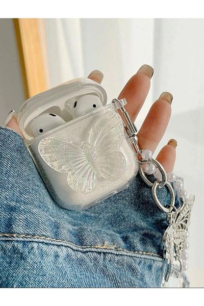 KVK PRİVACY Silvery Headphone Case with 3D Butterfly Clasp, Compatible with Airpods 1st and 2nd Generation