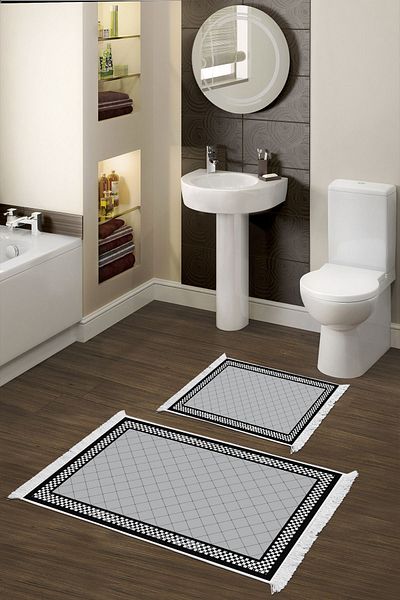 Dekoreko Digital 2-Piece Bath Mat Set - Star Cotton, Non-Slip Base, Fringed Modern Krystalyn Gray