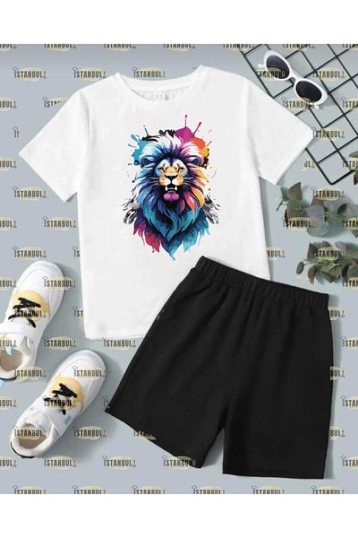 aynewmoda Lion Printed Colorful T-shirt and Shorts Tracksuit Set