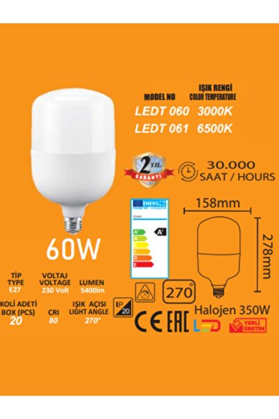 Osaka Light 60w Tork Led Ampul Beyaz Işık 5400lm E27