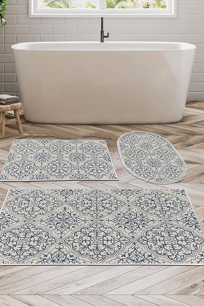 Dekoreko Digital 3-Piece Bath Mat Set Trend Felt Non-Slip Base Mixed Oval Modern Holly Cream