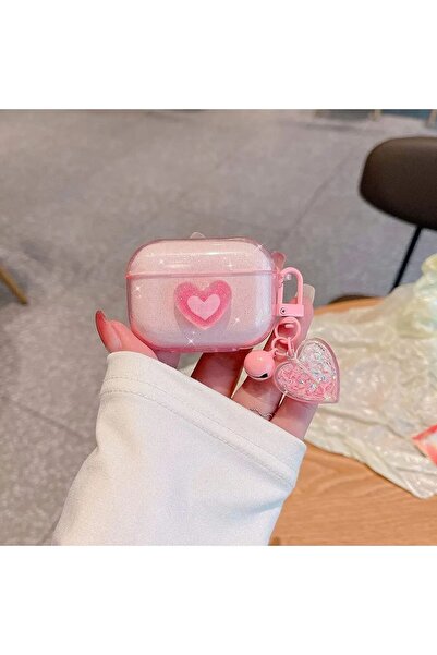 KVK PRİVACY Airpods Pro 2. nesil uyumlu 3d Simli Pembe Kalp Kopçalı Kulaklık ...