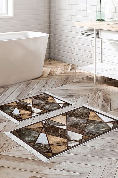 Dekoreko Digital 2-Piece Bath Mat Set Star Cotton Non-Slip Base Fringed Modern Janice Gray Brown