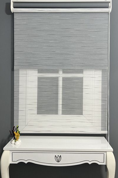 AlpiNaz Modern Colorful Striped Roller Blinds - Double System, Cuts 90% Light, Gray Tulle