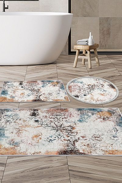 Dekoreko Digital 3-Piece Bathroom Set Star Cotton Non-Slip Base Mixed Round Modern Fern Color