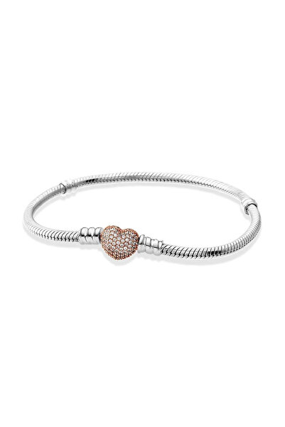 Fubena Rose Pave Taşlı Kalp Gümüş Bileklik Charm Taşıyıcı 16 Cm
