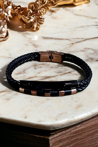 Tonny Walker Black Rose Men's Bracelet - Genuine Leather, Stainless Steel Detail, Magnet Clasp TWB2002C2