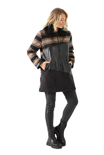 FİERTE Fierte Kadın Büyük Beden Kaban Lm36090 Kürk Yaka Fermuar Kapama Spor Cep Ekose Deri Süet Kombin Asta