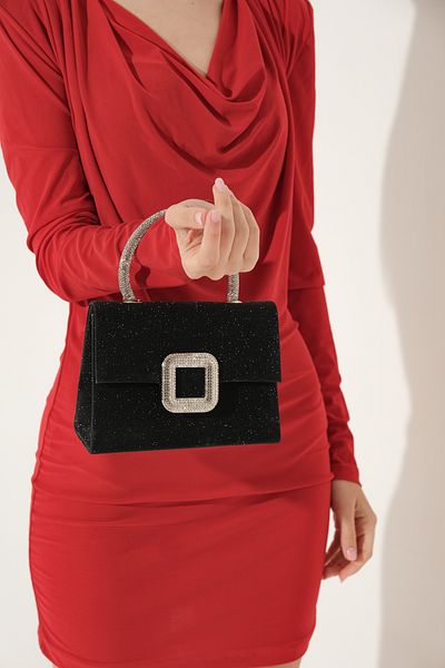 ROZA CANTA Women's Black Silvery Covered Accessory Detailed Chain Evening Dress Shoulder Bag