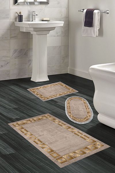 Dekoreko Digital 3-Piece Bath Mat Set Trend Felt Non-Slip Base Mixed Oval Modern Twyla Camel