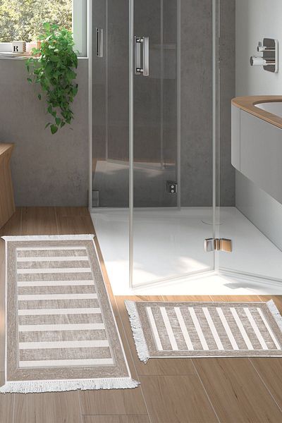 Dekoreko Digital 2-Piece Bath Mat Set Star Leather Non-Slip Base Fringed Modern Alexia Beige