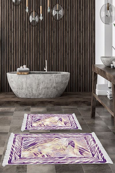 Dekoreko Digital 2-Piece Bath Mat Set Star Cotton Non-Slip Base Fringed Modern Elliot Plum