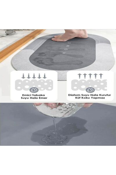 sogex Banyo Paspası Süper Su Emici Kaymaz Tabanlı Banyo Paspası Diatomit Paspas Süperemici (58X38CM)(GRİ)