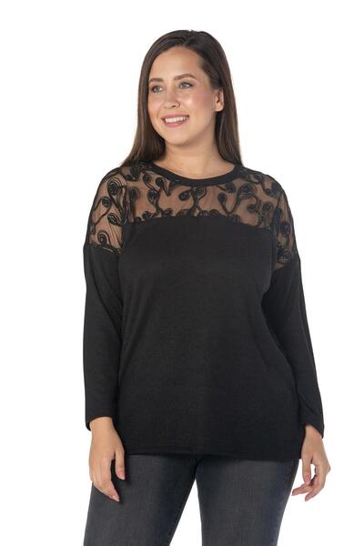 Günay Kadın Büyük Beden Bluz Rg6857 O Yaka Dantel Detay Düşük Kol Triko-sıyah