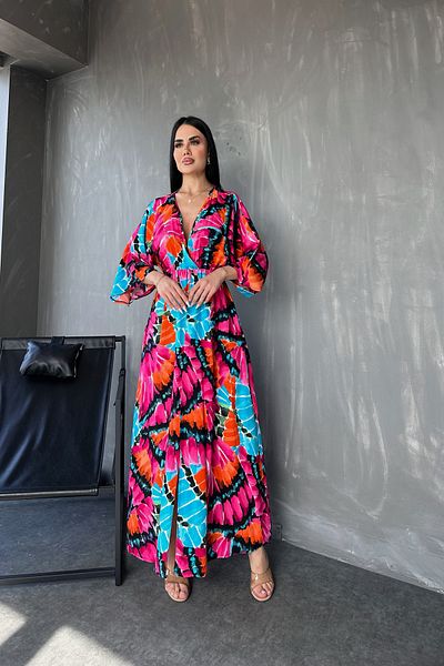 kamacibutik Țesătură din viscoză - Rochie de vară cu guler dublu cu imprimeu floral, cu detaliu cu fante