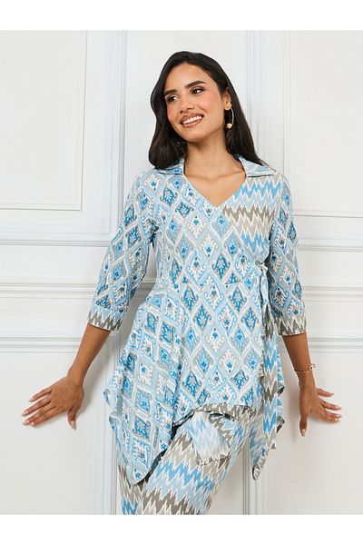 Styli Asymmetric Hem All Over Print Top & Pants Set