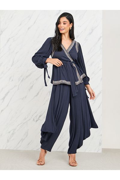 Styli Embroidered Trim Self Tie Up Peplum Blouse and Pleated Elasticated Waist Pant Set