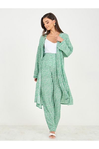 Styli Ditsy Floral Print Midi Kimono and Wide Leg Pant Set