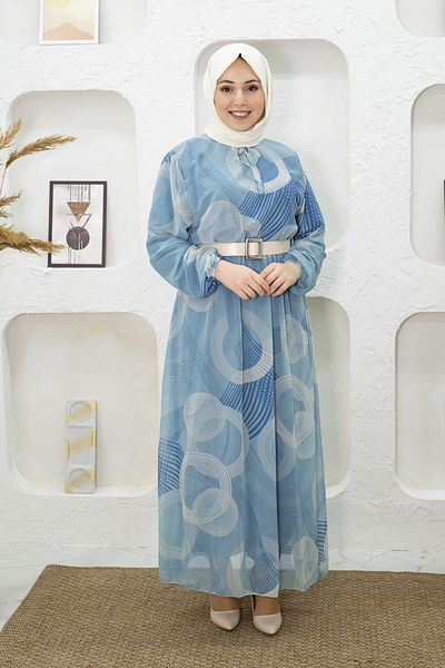 Mec Fashion Blue Hijab Dress - Patterned and Belted