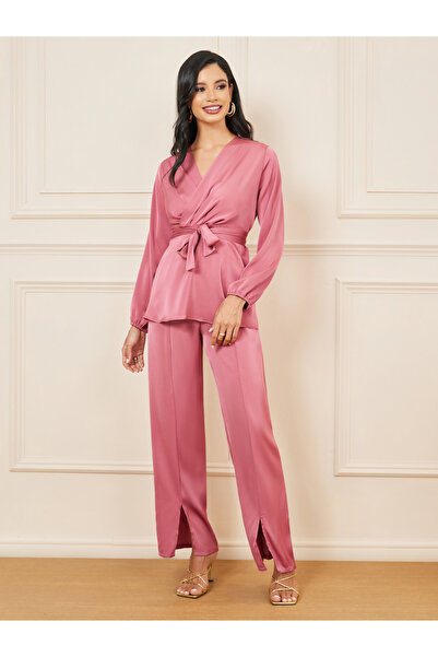 Styli Solid Wrap Top & Slit Detail Pants Co-Ord