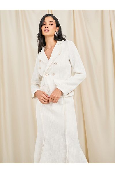 Styli Frayed Edge Tweed Buttoned Blazer & Midi Skirt Co-Ord