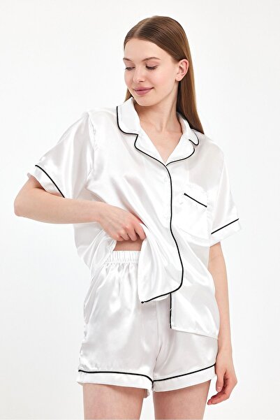 woici Kadın Beyaz-siyah Kısa Kollu Saten Düğmeli Cepli Biyeli Şortlu Takım