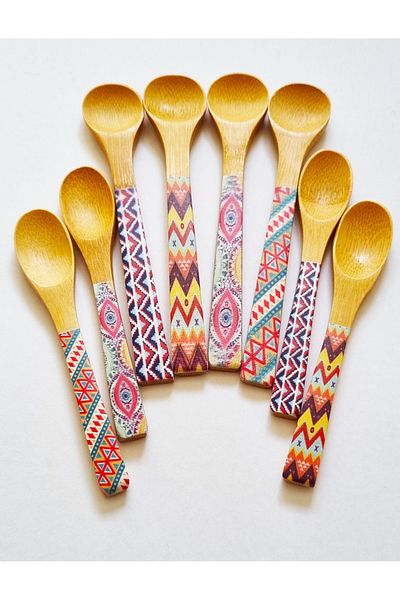 Modellino 8-Piece Bamboo Patterned Round Spoon - Oval Mouth, Sweet, 13-16cm